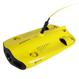 Chasing Gladius Mini Underwater Drone top view from the front corner.  You can clearly see the propellers, tether, and the top features of the drone.  The underwater drone for sale is bright yellow and the image is on a white background.