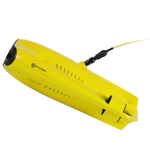 Side view of the yellow Chasing Gladius Mini Underwater Drone for sale.  The underwater drone for sale is pointing at a 45 degree angle.