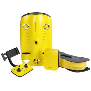 Display view of Chasing Gladius Mini Underwater Drone and the Gladius Mini Underwater Drone Remote Control, base station, and tether.