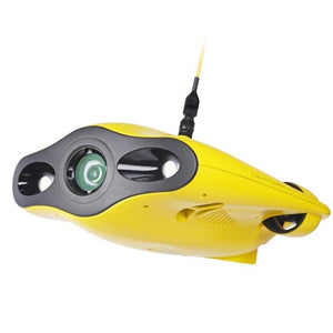 Chasing Gladius Mini Underwater Drone for sale front side view.  The Gladius underwater drone is yellow and thin and the front is dark grey.  You can see the 4K camera and the 2 LED Lights.  There is a black connector to the yellow tether which is barely visible.  You can see the underside of the thin, yellow under water drone and you can sort of see part of the propeller in the back. The Chasing Gladius Mini Underwater Drone image is on a white background.