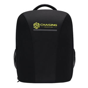 Black backpack for the Chasing Gladius Mini Underwater Drone for Sale.  The backpack is all black with yellow letters. Image is on a black background