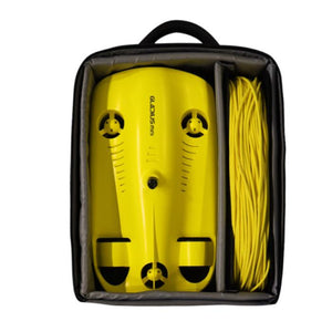 Yellow Chasing Gladius Mini Underwater Drone for sale is backpack with tether next to it.