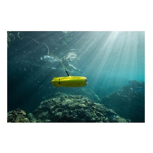 Underwater close up side view of the Chasing Gladius Mini Underwater Drone.  It is yellow and there are air bubbles coming out of the side from the propellers.  Clear water with the sun shining thru make the Gladius ROV sparkle.