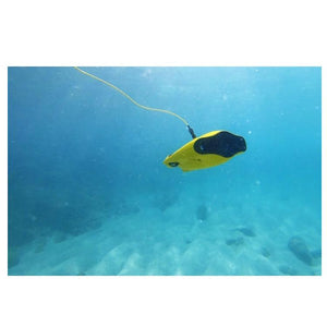 Chasing Gladius Mini Underwater Drone is underwater exploring through crystal clear blue water.  The underwater drone for sale is yellow with grey front side.