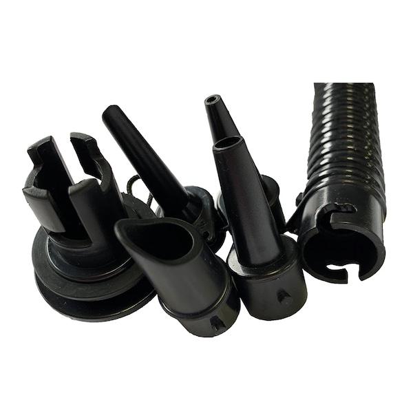 5 nozzles and the hose for the Rave Hi Speed inflator. All are black.