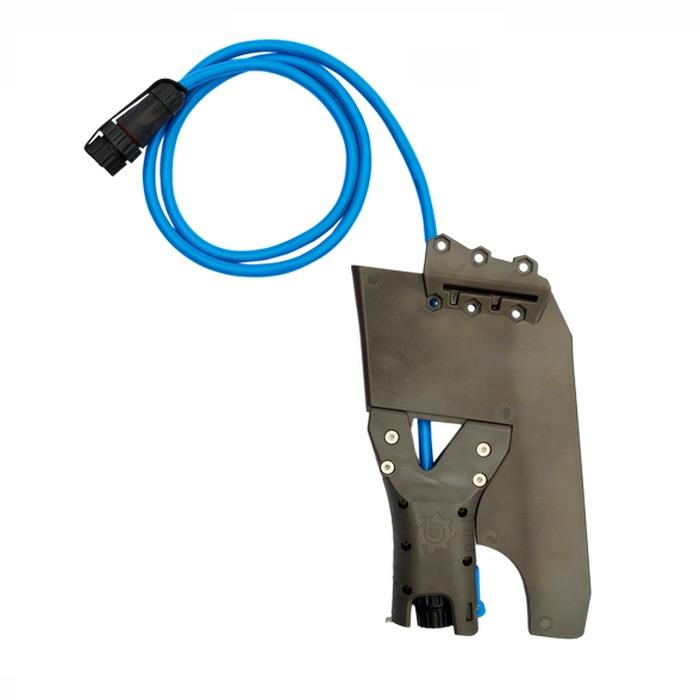 Bixpy Hobie Twist &amp; Stow Kayak Rudder Adapter is black with a blue cable line with black plug.