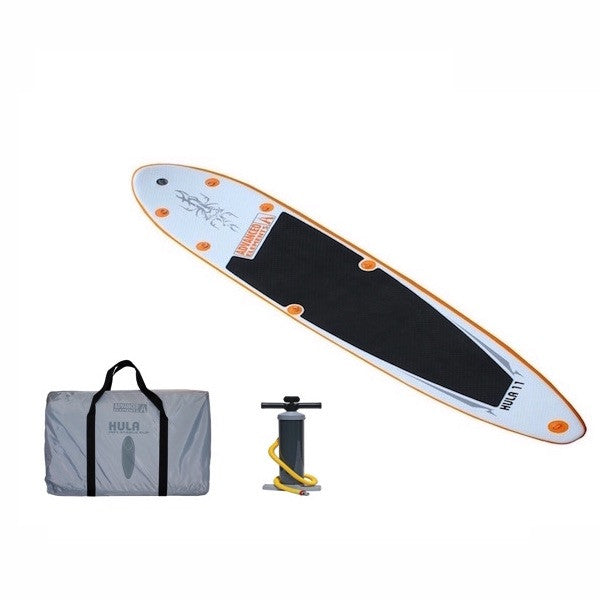 Orange and white Advanced Elements Hula 11 Inflatable SUP with black standing pad, top view.  Grey carry bag and black pump also pictured. 