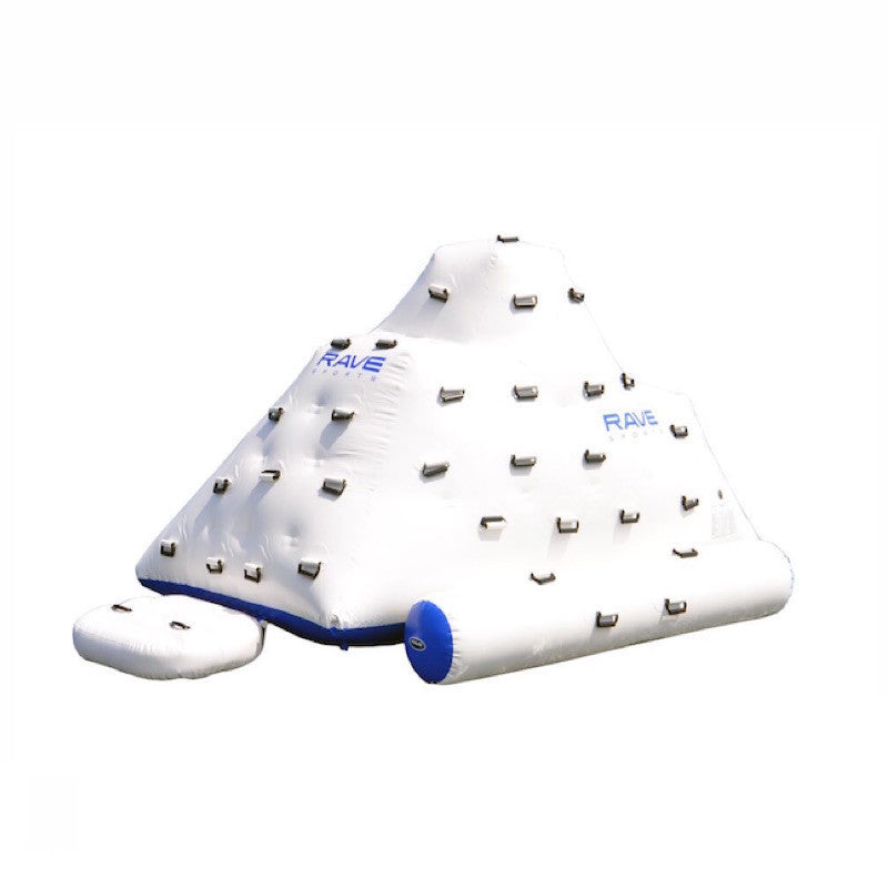Front view of the white Rave Floating Inflatable Iceberg 7 with blue trim and climbing handles.  Image is on white background. 
