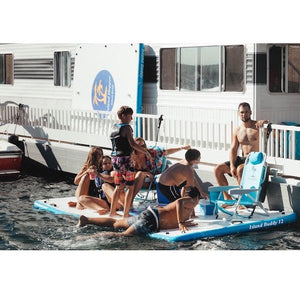 Island Hopper 12 foot Island Buddy Inflatable Water Mat for Sale on the side of a houseboat