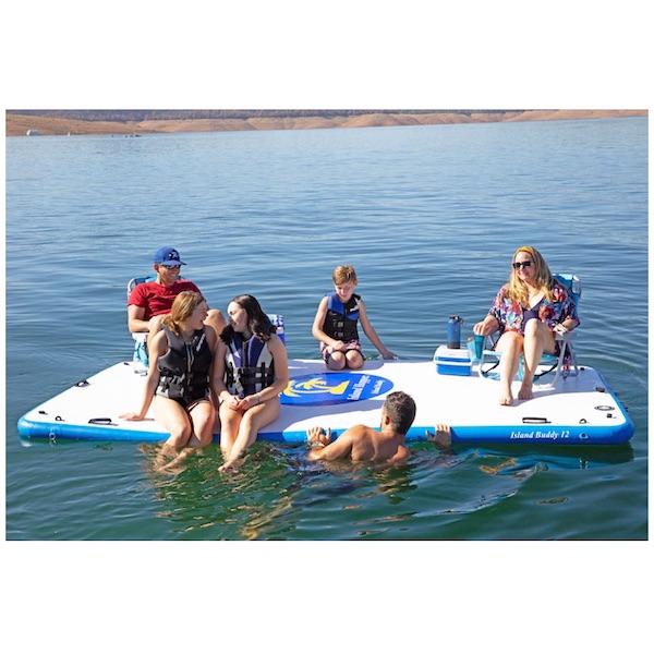Island Hopper  Island Buddy 12ft Inflatable Water Mat for sale on the lake with 6 people, 2 chairs, 2 coolers.