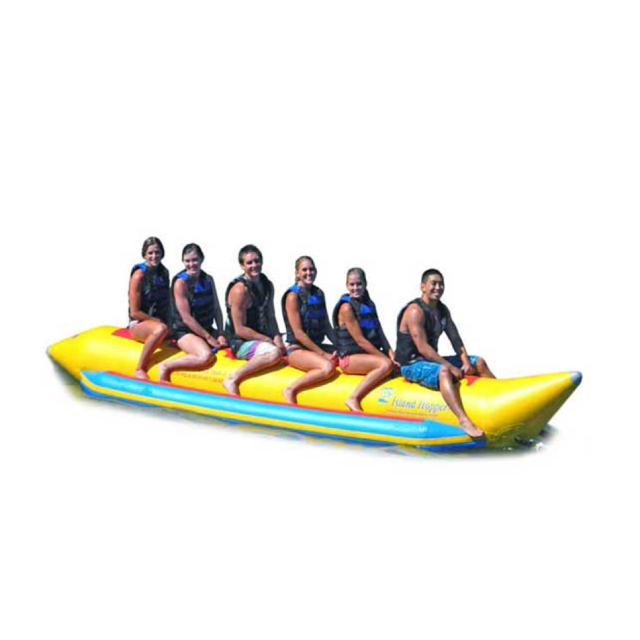 Island Hopper 6 Person Banana Boat Tube side view. Yellow inner tube with 6 passengers. Image on a white background.