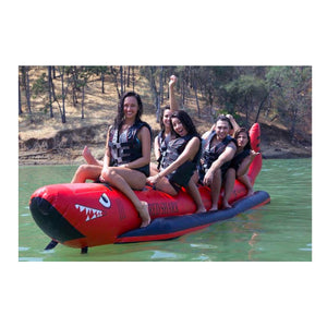 Island Hopper 6 Person Red Shark Banana Boat Tube is ps pictured on the lake with 6 riders.