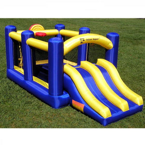 Island Hopper Racing Slide and Slam Bounce House Top Front Left Side view outside on the lawn.  Blue and Yellow design with duel slides, basketball goal, and bounce house visible. 