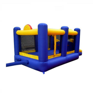 Island Hopper Racing Slide and Slam Bounce House outside back view showing blue and yellow design