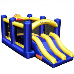 Island Hopper Racing Slide and Slam Bounce House front view showing the blue and yellow color scheme.  Bounce house with duel inflatable front slides