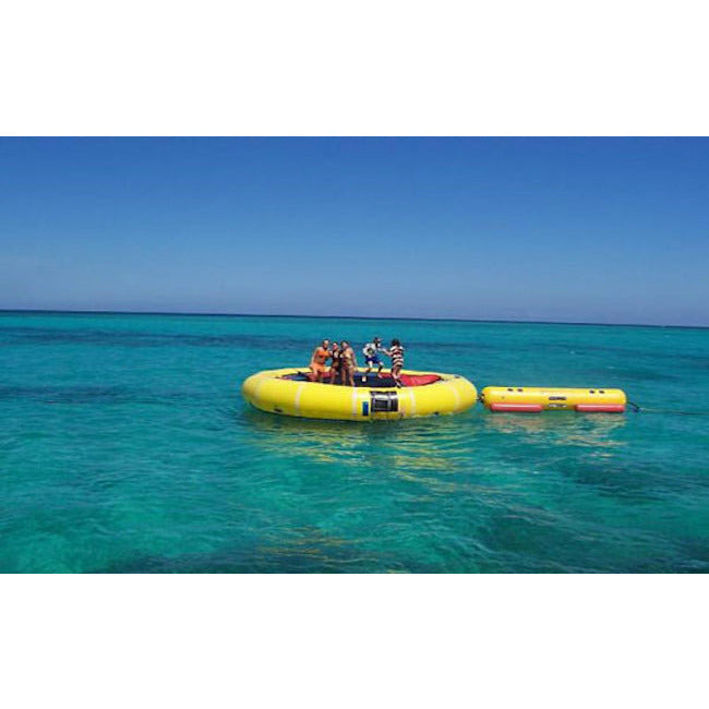 Island Hopper Island Runner Water Trampoline Attachment on a water trampoline in the middle of the ocean. 