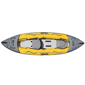 Top view of the Advanced Elements Island Voyage 2 Tandem Inflatable Kayak showing the yellow and grey design with light grey interior. 