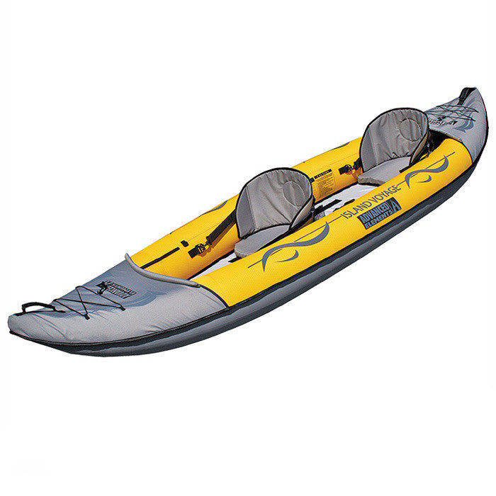 Display view of the Advanced Elements Island Voyage 2 Tandem Inflatable Kayak on a white background.  Yellow and grey design with 2 grey seats. 