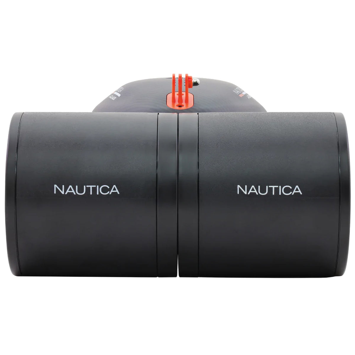 Nautica J-Class Sea Scooter Matte Black Front Full View with Propellers Compressed showing the name &quot;Nautica&quot; on both propeller covers.