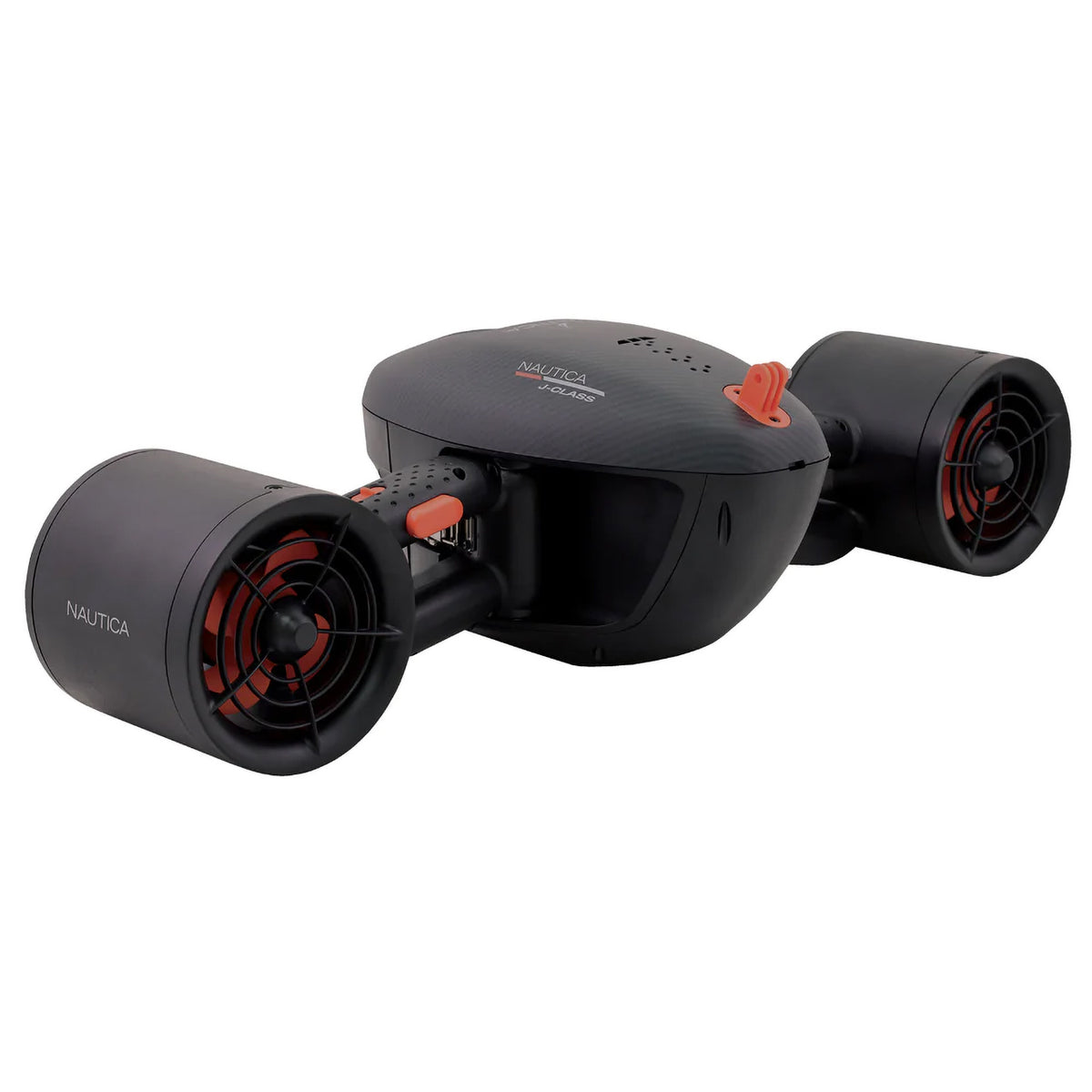 Nautica J-Class Sea Scooter Right Side Full View. Matte black with an orange propeller