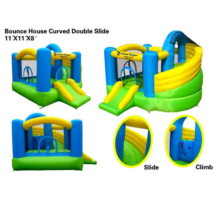 Different angles of the Island Hopper Jump A Lot Curved Double Slide Bounce House with closeups of the green curved slide with yellow walls and the blue climbing wall.  You can see an upclose of the slide, climbing wall, and overall jump house for sale.