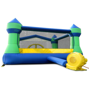 Island Hopper Jump Party Bounce House back view showing the Blue and Green inflatable support tower, net safety wall, and yellow air blower. 
