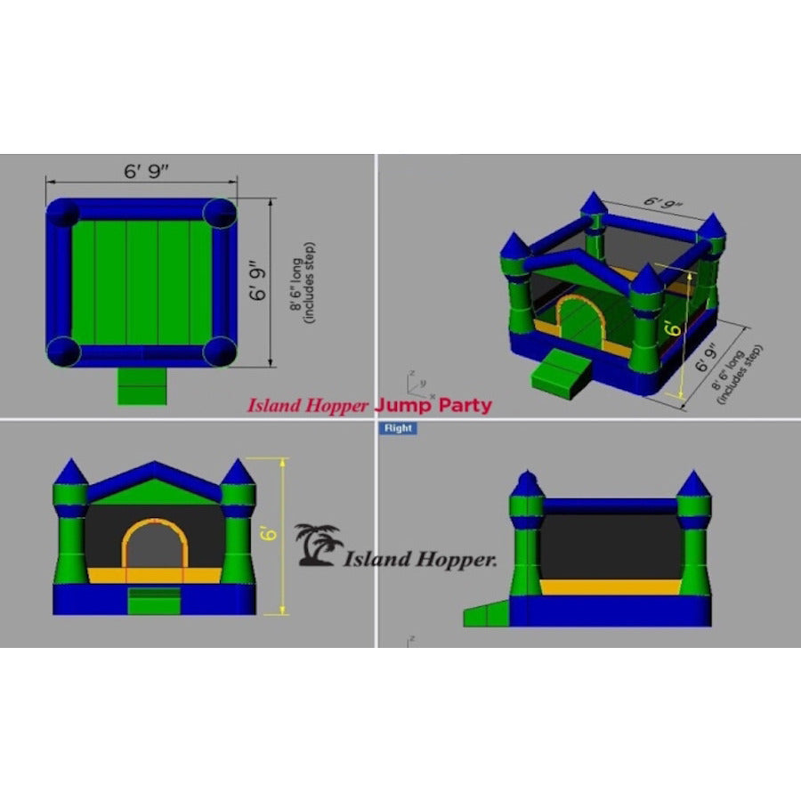 Island Hopper Jump Party Bounce House dimensions and diagram with front view, side view, overhead view, and top/front display view.
