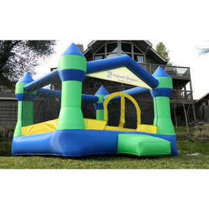 Island Hopper Jump Party Bounce House with small green entry step.  Green and blue color scheme with yellow highlights on the entry and border.