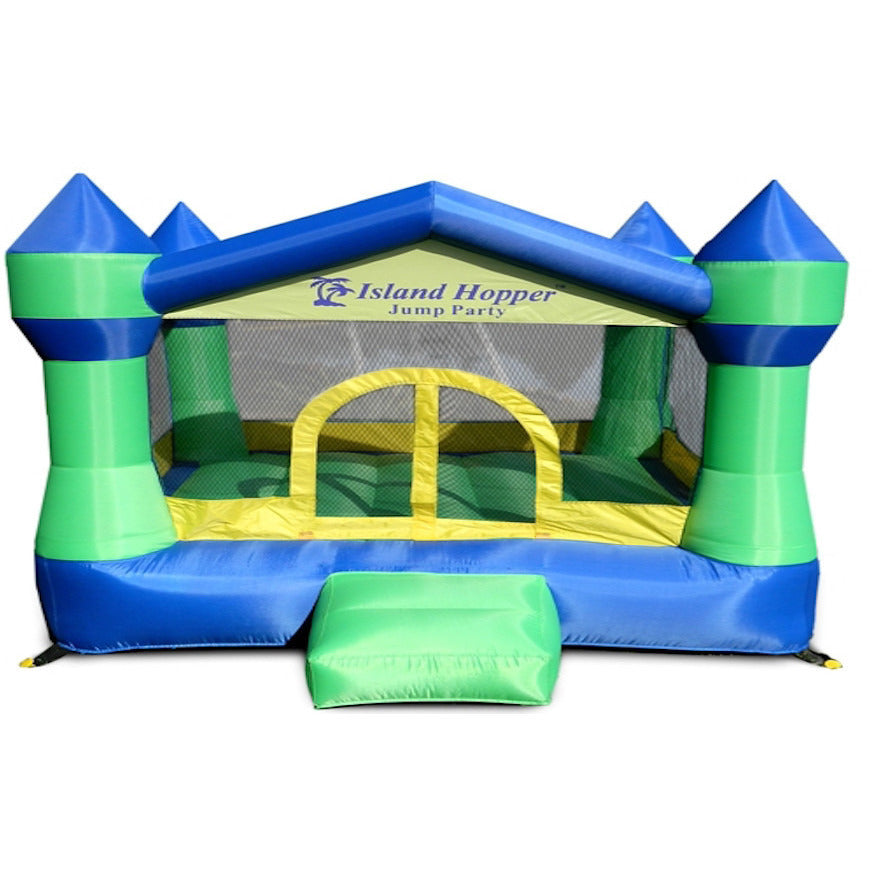 Island Hopper Jump Party Bounce House front view showing the Royal Blue and Green color scheme with yellow highlights.  Inflatable bounce house with small slide in front.