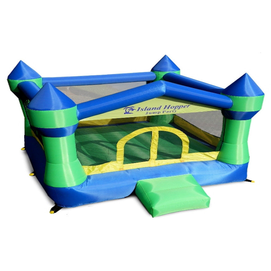 Island Hopper Jump Party Bounce House front view showing the Royal Blue and Green color scheme with yellow highlights.  Inflatable bounce house with small slide in front.