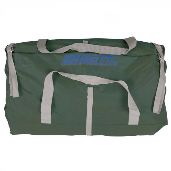 Sea Eagle Green Kayak Bag with grey straps and blue Sea Eagle logo. 