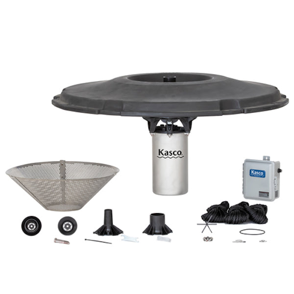 This is a photo of parts included in the package of a Kasco 7.5 HP 7.3JF Floating Pond Fountain - Lake Fountain.