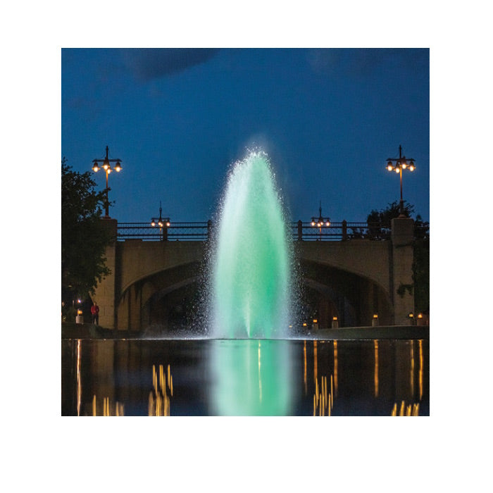 This is the 5 HP 5.3JF Floating Fountain in the middle of the river under a city bridge.