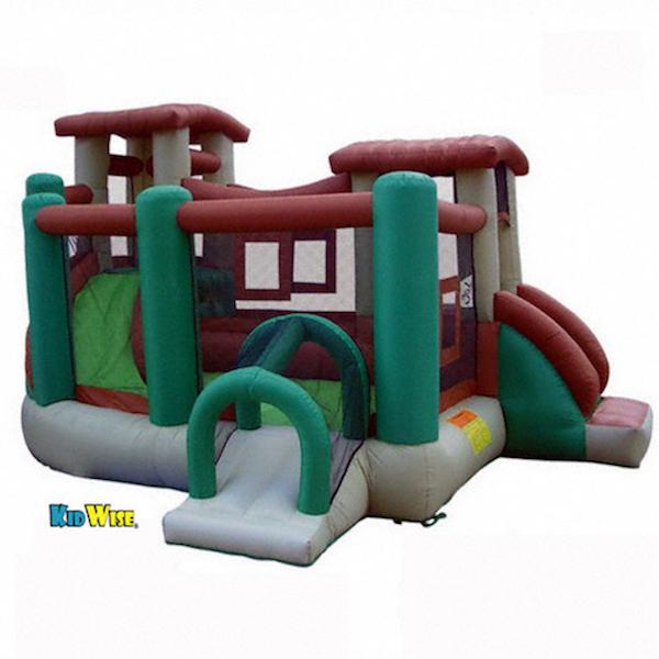 KidWise Clubhouse Climber Bounce House display view on white background with KidWise logo below.  Green, brown, tan, and gray earth tone colors.