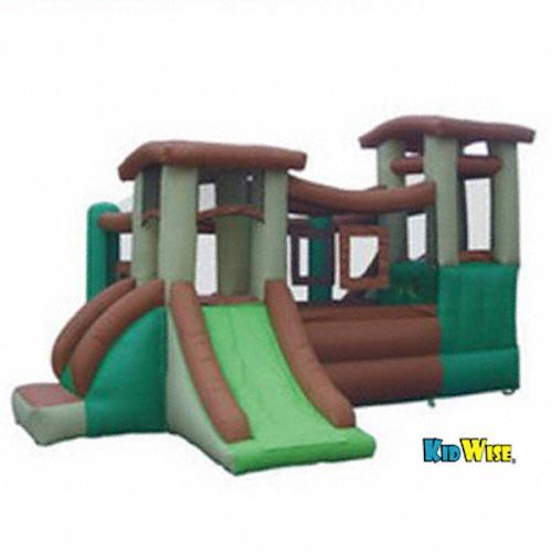 KidWise Clubhouse Climber Bounce House display view on white background with KidWise logo below.  Green, brown, tan, and gray earth tone colors.