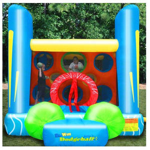 KidWise Jump'n Dodgeball Sports Bounce House front view of the red circle opening and the ramp.  Kids inside playing.