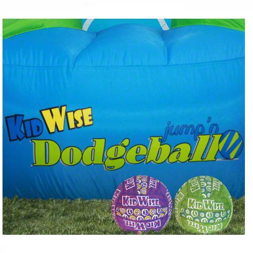 KidWise Jump'n Dodgeball Sports Bounce House, closeup view of the entry ramp with 2 neoprene balls also shown.  1 ball is purple, 1 is green.  The KidWise logo has the Kid dark blue and the Wise yellow, on the sky blue entry ramp surface.  Dodgeball is in big green letters and Jump'n is written smaller in royal blue.