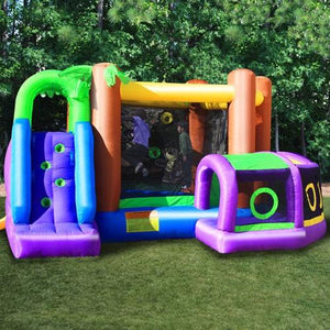 KidWise Monkey Explorer Jumper climbing wall is showcased along with a side view of the crawl tunnel and bounce house.