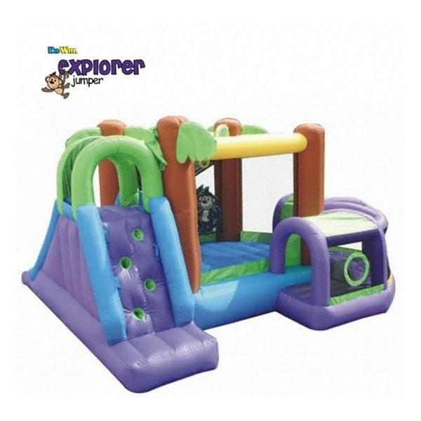 KidWise Monkey Explorer Jumper front view of the blue, green, purple, and yellow color scheme.  Shows slide, bounce house, crawl tunnel, and monkey game.