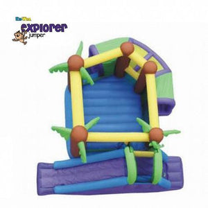 Overhead view of the KidWise Monkey Explorer Jumper Bounce House showing the blue ball pit bouncer floor and the yellow support beams that connect the palm tree support posts.