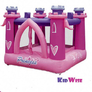 KidWise My Little Princess Bounce House.  Pink inflated floor with pink inflated castle tower supports in each corner of the square bounce house.  Inflated purple cross supports connect the castle towers.  Pink arch shaped entry is visible in front.  The view is from the front of the recreational bouncer.