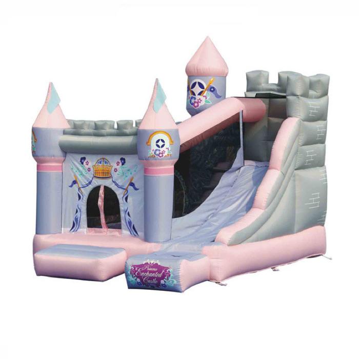 KidWise Princess Enchanted Castle With Slide Bounce House front view on a white background.  Light Purple, Pink, and Grey design with slide on the outside of the inflatable bounce house or inflatable jump house as it is also known..