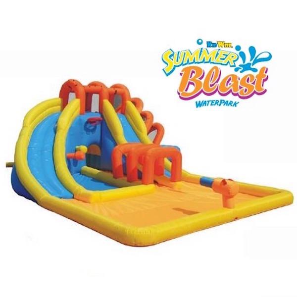 KidWise Summer Blast Waterpark front display image.  Blue, yellow, and orange color scheme.  Large orange splash zone in the front of the inflatable water park, light blue slides with yellow barriers.  Dark orange supports over the slides and slippery tunnel.