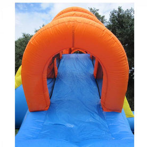 slide of the KidWise Summer Blast Waterpark with orange supports over the top for a cool design.