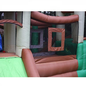 KidWise Clubhouse Climber Bounce House closeup, side view, showing the catwalk, ballpit, and a slide.