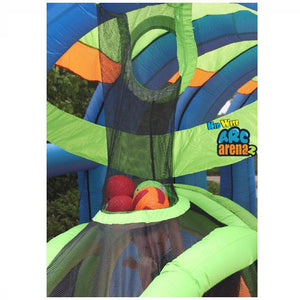 KidWise Arc Arena 2 Sports Bounce House mesh basketball hoop, lime green supports, black mesh.