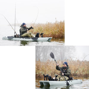 These are 2 photos of the Grey Solo Point 65 KingFisher Fishing Kayak out in the lake with a person fishing on it.