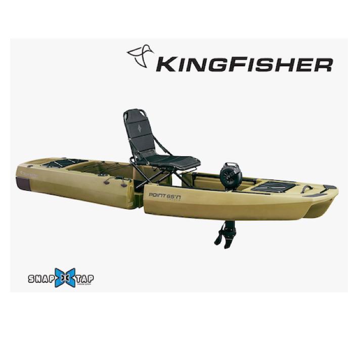 KingFisher Solo Modular Fishing Kayak for Sale Army Green version. It is a 2 piece modular fishing kayak for sale with 1 place seat and 1 black impulse drive.