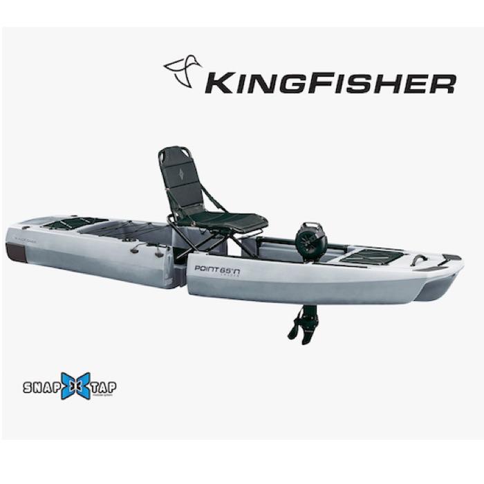 KingFisher Solo Modular Fishing Kayak for Sale Grey version. It is a 2 piece modular fishing kayak for sale with 1 place seat and 1 black impulse drive.