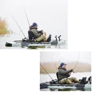 These are 2 photos of the Grey Solo Point 65 KingFisher Fishing Kayak out in the lake with a person fishing on it.